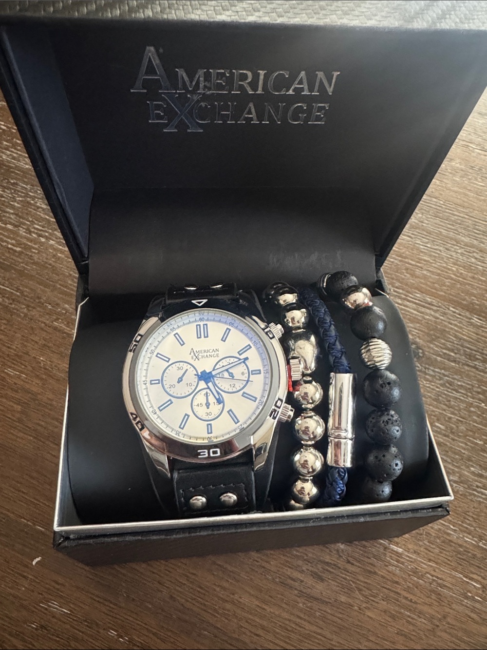 American Exchange Men’s Silver and Black Chronograph Watch with Bracelet Set